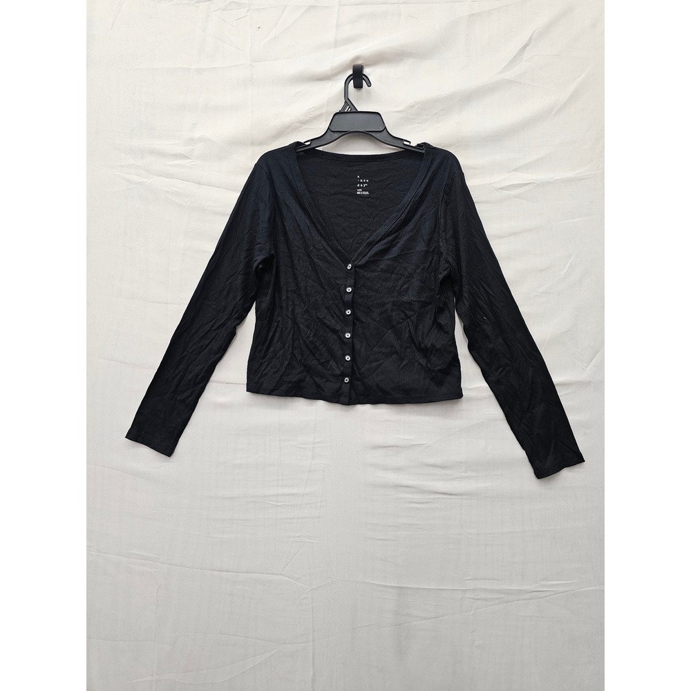 A New Day Womens Cropped Ribbed V-Neck Cardigan Black Cotton Blend Size Large